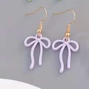 Bow Drop‎ Dangle Earrings Gold Tone Hooks Purple Enamel Fun Jewelry